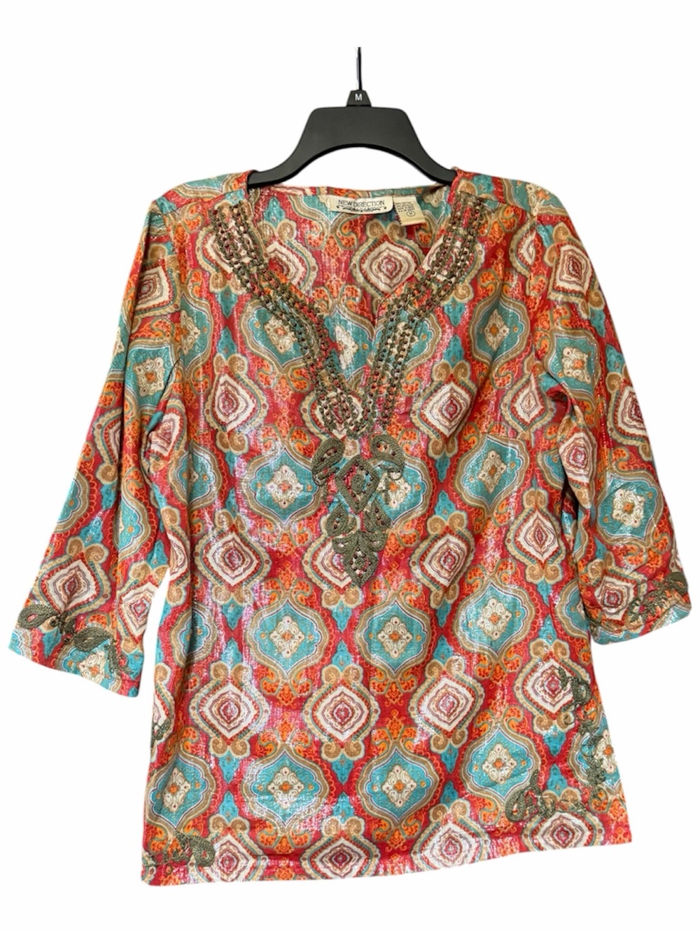 New Directions Beaded V-Neck Tunic Top Size M Teal & Coral Boho